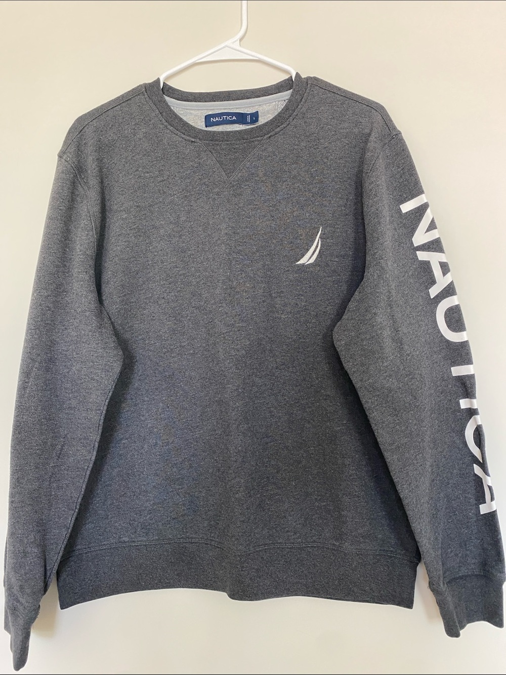 Nautica Men's Dark Gray Crewneck Sweatshirt with White Sleeve Logo